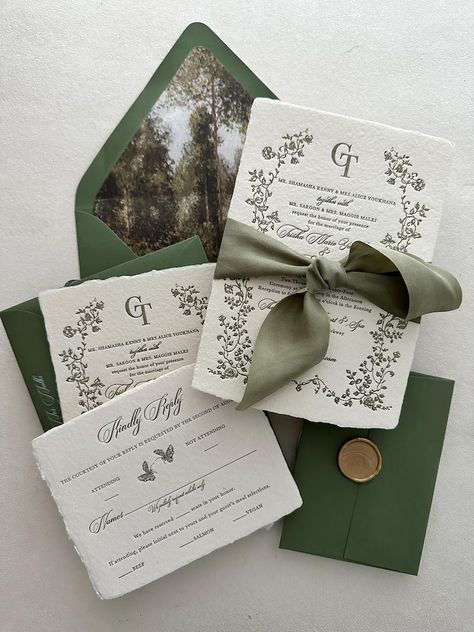 Green Handmade Paper Letterpress Invitations_deposit - Etsy Wedding Invitation Suite Ribbon, Wedding Invites Greenery, Elegant Timeless Wedding Invitations, Green Wedding Invitation Suite, Wedding Invitation Greenery, Lotr Wedding Invitations, Sage Green Wedding Invites, Green Wedding Cards, Wedding Invitations Forest