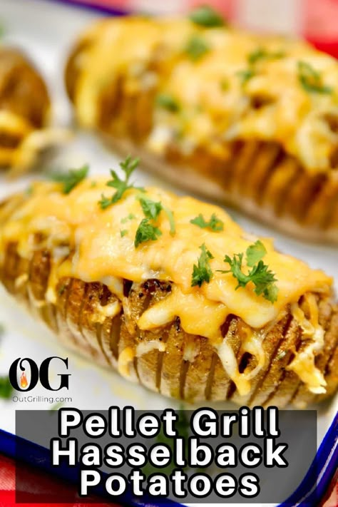 So, what are you waiting for? Fire up the grill and get ready to impress your guests with this mouthwatering combination of Pellet Grill Hasselback Potatoes for a tasty side dish. Trager Grill Potato Recipes, Pellet Grill Potatoes, Recipe With Cheese, Summer Entertaining Recipes, Bbq Party Food, Grill Meat, Tangy Bbq Sauce, Bbq Side Dishes, Hasselback Potatoes