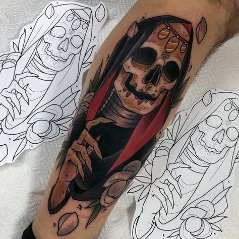 Neotraditional tattoo of grim reaper by @leefscented Neo Trad Grim Reaper Tattoo, Neo Traditional Reaper Tattoo, Grim Reaper Tattoo, Neotraditional Tattoo, Reaper Tattoo, Spooky Stuff, Neo Traditional, Grim Reaper, Traditional Tattoo