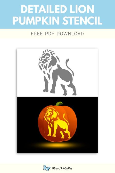 Free printable detailed lion stencil for pumpkin carving. Download it at https://museprintables.com/download/pumpkin-stencil/detailed-lion/ Detroit Lions Pumpkin Carving, Lion Pumpkin Carving, Detailed Pumpkin Carving, Lion Pumpkin, Stencil For Pumpkin Carving, Lion Stencil, Pumpkin Carve, Children Projects, Printable Pumpkin Stencils