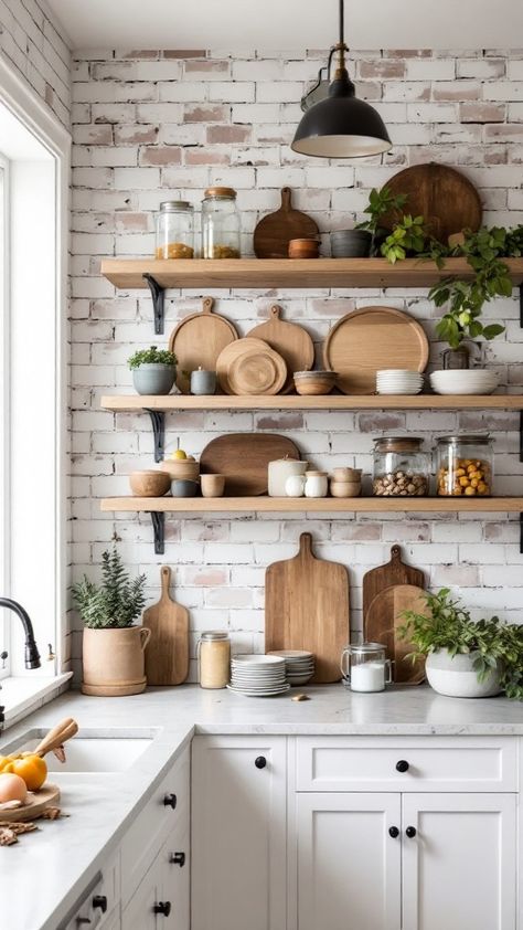 Add industrial charm with open kitchen shelves 🖤 Discover ideas that elevate your kitchen’s style. Studio Mcgee Decor Ideas, Kitchen Shelves Decor Ideas Modern, Industrial Shelving Kitchen, Kitchen With No Cabinets, Studio Mcgee Decor, Kitchen Shelving Ideas, Industrial Kitchen Shelves, Kitchen Shelves Instead Of Cabinets, Traditional Kitchen Cabinets