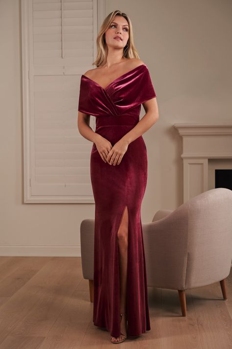 B243061_Gorgeous Stretch Velvet Fit & Flare Gown with Shoulder Pleated Portrait Neckline and Empire Band Pink Velvet Gown, Velvet Inspiration, Portrait Neckline, March Wedding, Mermaid Bridesmaid, Flare Gown, Mermaid Bridesmaid Dresses, Velvet Gown, Stretch Velvet