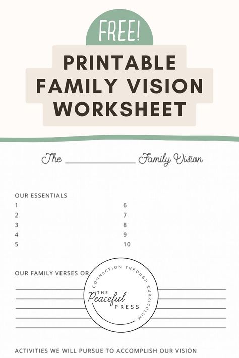 Define your homeschool mission statement with the free printable family vision worksheet! The template is great if you're stuck on where to start & need examples. I share how I plan our entire homeschool year around the goals we set. We set goals for spiritual health, our home, family, & more. I also share my favorite planner for this year! Display your family mission statement on a board in your home as a daily reminder. Visit ThePeacefulPreschool.com for more printable homeschool resources! Family Mission Statement Examples, Homeschool Mission Statement, Vision Worksheet, Family Mission Statement, Peaceful Press, Family Vision, Mission Statement Examples, Family Mission Statements, Vision Planner