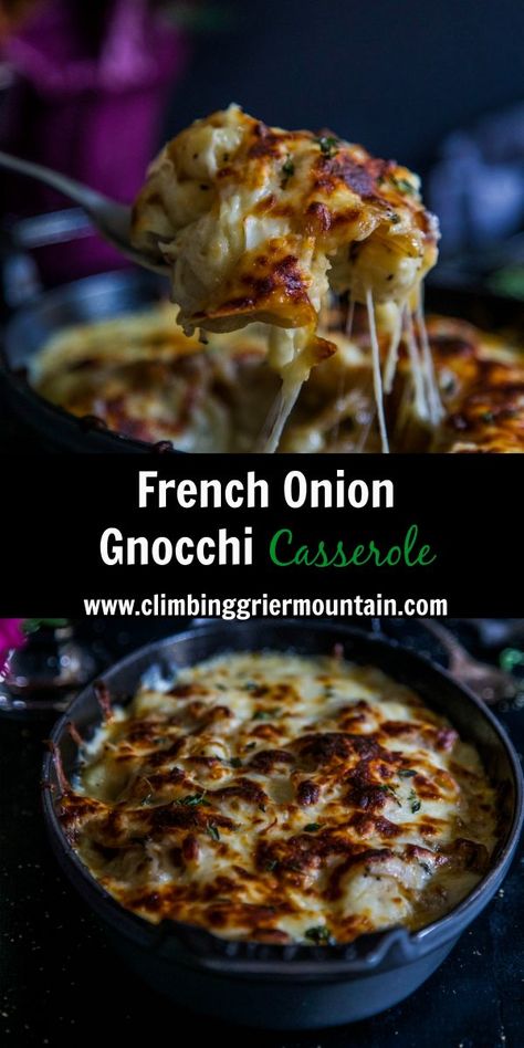 French Onion Gnocchi Casserole - The Curious Plate French Onion Gnocchi, Gnocchi Casserole, Mediterranean Recipe, Veggie Mains, Gnocchi Dishes, Classic French Onion Soup, Veg Recipe, Gnocchi Recipes, Yummy Casseroles