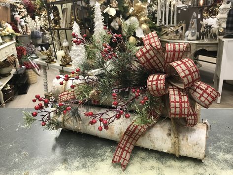 Birch logs White Birch Christmas Planter, Front Porch Christmas Decor Birch Logs, Crafts With Birch Logs, How To Use Birch Logs To Decorate, White Birch Christmas Decor Tree Branches, Birch Limbs Christmas, Birch Branches Christmas, Birch Log Centerpiece Christmas, White Birch Trees Decor