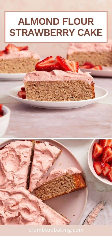 Soft, fluffy and moist, this Almond Flour Strawberry Cake is filled with the sweet flavour of fresh strawberries and topped with a creamy dairy-free strawberry buttercream. The authentic strawberry flavour is thanks to the unsweetened strawberry puree, which is made from fresh strawberries! Healthy Strawberry Cake, Cake With Strawberry Frosting, Gluten Free Strawberry Cake, Strawberry Cake From Scratch, Strawberry Jello Cake, Almond Flour Cake, Homemade Strawberry Cake, Almond Flour Cakes, Fresh Strawberry Cake