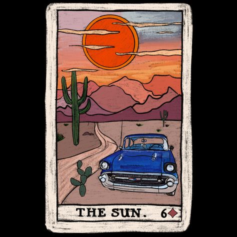 Tarot card design with a sunset backdrop over the mountains, with cactus and a blue vintage car in the foreground . Cowboy Tarot, 70s Cowboy Aesthetic, Retro Cowboy Aesthetic, Cowboy Aesthetic Western, Western Playing Cards, Tarot Card Aesthetic, Tarot Card Poster, Forest Goddess, Coastal Cowboy