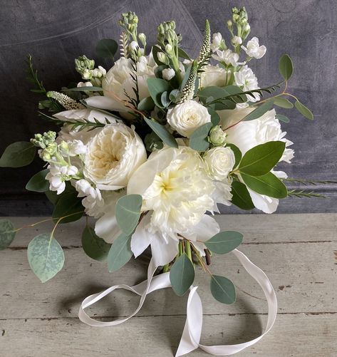 A classic Summer bouquet, of David Austin Roses, Peonies, Stocks and Veronica with Eucalyptus. David Austin Wedding Bouquet, Austin Roses Bouquet, David Austin Roses Bouquet, Theme Green, Dahlia Bouquet, Roses Peonies, Bridal Bouquet Flowers, Rose Wedding Bouquet, Roses Bouquet