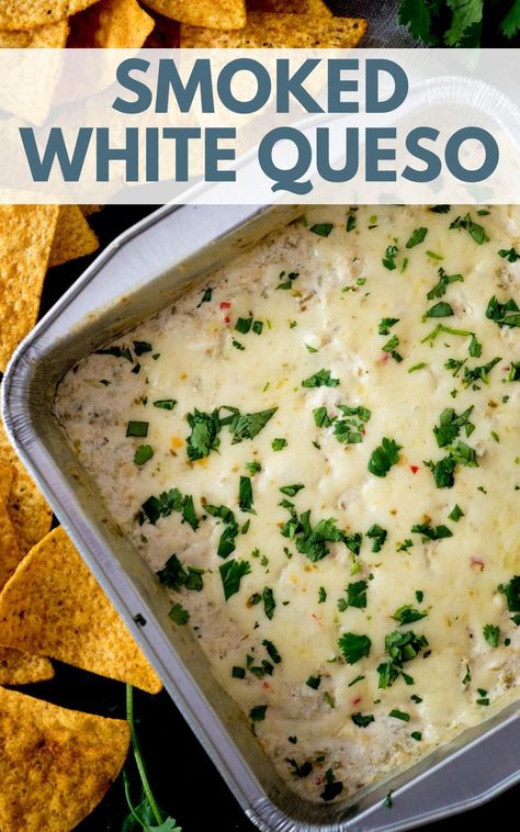 This easy smoked queso dip is the ultimate party dip. This recipe is how to make smoked cheese dip on a pitboss, traeger, or any electric pellet smoker. An easy recipe idea for an appetizer. Smoked White Queso Dip On Smoker, Traeger Smoked Dips, Traeger Smoked Queso Dip, Cheese Dip On Grill, Queso Dip Smoker, Dips In The Smoker, Smoked Queso Dip No Velveeta, Smoked Texas Queso, Queso On The Smoker