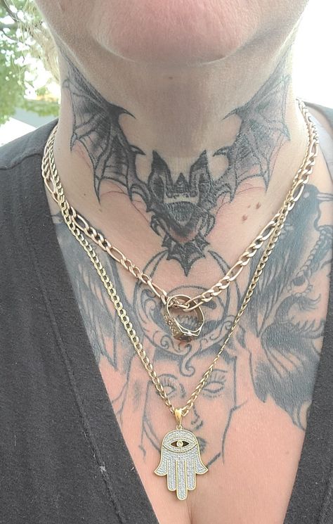 Neck Tattoo Women Throat, Neck Bat Tattoo, Alt Neck Tattoos, Grunge Neck Tattoo, Bat Throat Tattoo, Neck Tattoos Throat, Front Of Neck Tattoo, American Traditional Neck Tattoo, Traditional Throat Tattoo