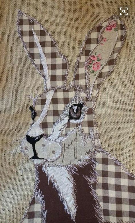 Cushion Patchwork, Embroidered Hare, Rabbit Cushion, Hare Rabbit, Applique Cushions, Freehand Machine Embroidery, Applique Art, Textile Art Embroidery, Creative Textiles