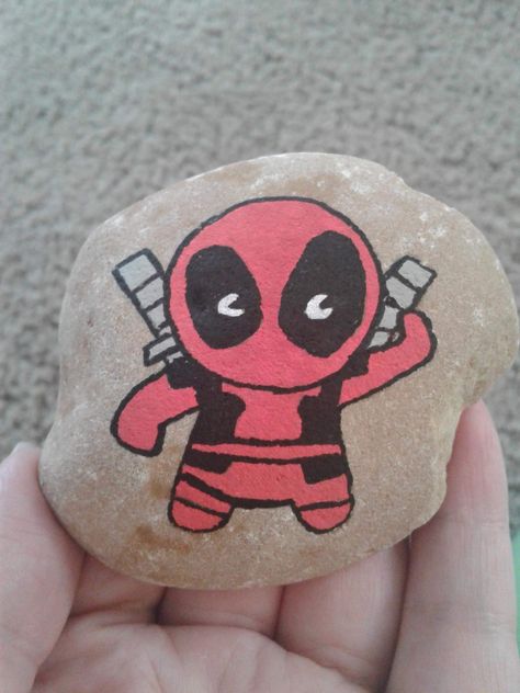 Deadpool Rock Painting, Chibi Deadpool, Happy Stones, Painted Rocks Kids, Rock Painting Ideas Easy, Painting Rocks, Rock Ideas, Rock Painting Designs, Pebble Painting