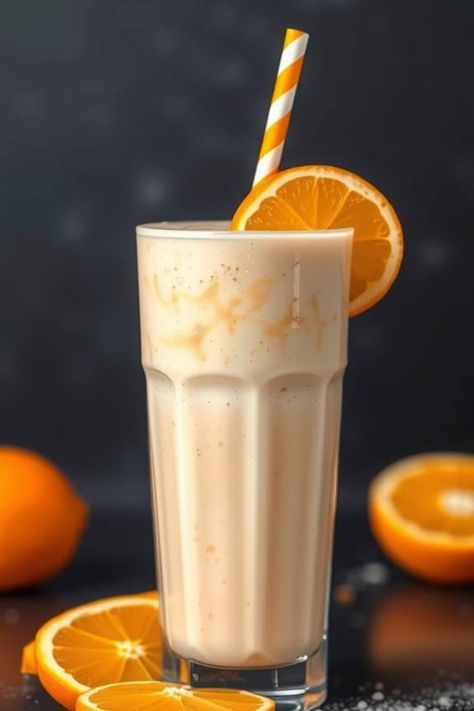 Orange smoothie in a tall glass with a striped straw and orange slice garnish. Orange Cream Protein Shake, Orange Julius Protein Smoothie, Orange Creamsicle Protein Shake, Orange Julius Protein Shake, High Protein Breakfast Shakes, Protein Smoothies Without Powder, Orange Protein Smoothie, Strawberry Oatmeal Smoothie, Apple Cinnamon Smoothie