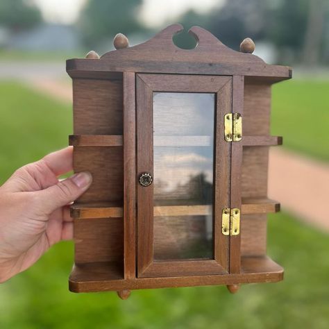 S O L D Miniature Wooden Curio Cabinet with/ Glass Door 🍄 $20 + Shipping or Free Local Pickup Ready To Hang, Or Sits Free Standing… | Instagram Wall Curio Cabinet, Kitchen Tools Design, Furniture Design Wooden, Carved Furniture, Wood Shop Projects, Small Cabinet, Bed Furniture Design, Glass Cabinet Doors, Curio Cabinet