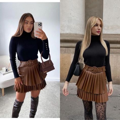 Double Pleated Skirt, Dark Brown Leather Skirt Outfit, Zara Skirt Outfit, Pleated Leather Skirt Outfit, Brown Mini Skirt Outfit, Brown Leather Skirt Outfit, Faux Leather Skirt Outfit, Brown Faux Leather Skirt, Zara Leather Skirt