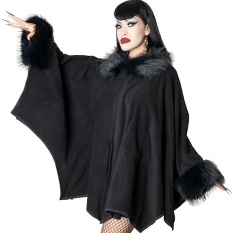 New With Tags. The Glamour Ghoul Cape Is Where Old School Meets New Ghoul, Fashioned After Vintage Styled Capes With A Gothic Twist. This Cape Has It All: A Bat Wing Shape, Luxurious And Plush Fur Collar And Cuffs, And Best Of All An Inside Pocket For Your Phone! The Cape Is Made From Polar Fleece, With Vegan Faux Fur, And A Front Double Snap Closure To Creep You Warm And Spooky All Year Long! Designed In California. Goth, Halloween, Costume, Winter, Jacket/Coat Ghdgbwc 60 Goth Halloween Costume, Glamour Ghoul, Handknit Design, Sequin Cape, Kreepsville 666, Marilyn Dress, Bat Costume, Vintage Cape, Cropped Blazer Jacket