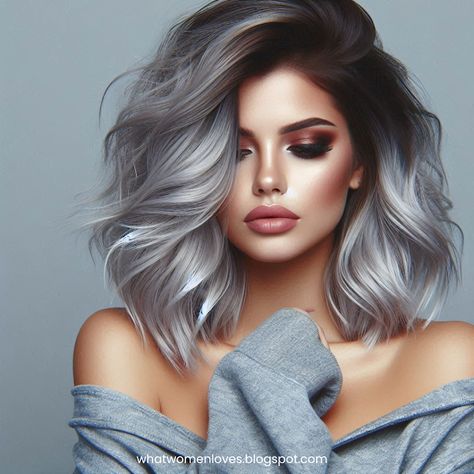 Grey Ombre Hair Brown To Silver Ombre, Dark Brown And White Hair, Smokey Lilac Hair, Black To Grey Ombre Hair, Black Silver Ombre, Grey Hair Color Ideas, Brown And White Hair, Silver Balayage, Black To Silver Ombre