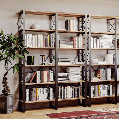 DOUBLE WIDE 6 TIER OPEN SHELVES --- Bookcase Dimensions 53.2"W x 13"D x 76" H. Clearance between Shelves: 13". Load Capacity of Each shelf: 160 lbs. suitable for most home use. INDUSTRIAL BOOKSHELF ---Decorative yet Practical and match well your home decor. with 12 open shelves that are spacious for storing books and displaying attractive showpieces in your home and office decor. WITH SAFETY PARTS--- Come with 2 secure anti-toppling metal brackets and 6-floor protective footpads. You can move it Metal Bookshelves, Brown Bookshelves, Large Bookshelves, Shelves Wood, Industrial Bookshelf, Large Bookcase, Industrial Bookcases, Metal Bookshelf, Wood Bookshelves