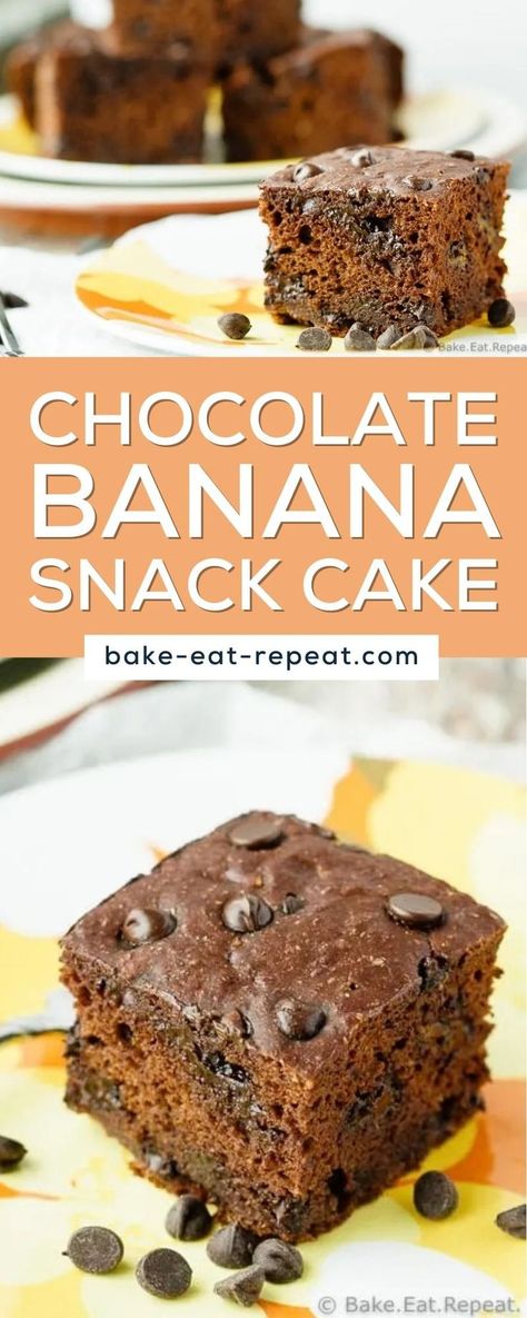 This quick and easy chocolate banana snack cake makes the perfect treat. This snack cake has no butter or oil, just some plain Greek yogurt plus the bananas for moisture. No refined sugar, and only three tablespoons of honey to sweeten the entire cake. Plus, it’s made with whole wheat flour. Low-fat, low-sugar, whole grain, and absolutely delicious! Dessert With 1 Banana, Low Calorie Banana Desserts, Honey Sweetened Desserts, Banana Snacking Cake, Chocolate Banana Cake Healthy, Chocolate Banana Snack Cake, Banana Snack Cake 8x8, Eggless Banana Chocolate Cake, Banana Snack Cake