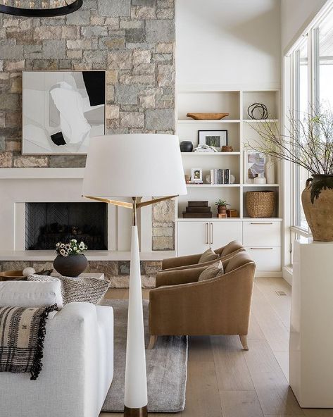 shannon (@shannlg) • Instagram photos and videos Stone Wall Design, Contemporary Studio, Marble Decor, Interior Accents, Curved Sofa, Studio Mcgee, Sofa Shop, Arm Chairs, Fireplace Surrounds