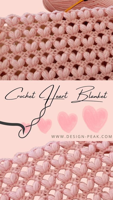 Different Crochet Stitches Blankets, Crochet Heart Stitch Pattern, Puff Heart Crochet, 2 Color Crochet Stitches, Verigated Yarn Projects, Crochet Blanket Border Ideas, Baby Scarf Crochet, Decorative Crochet Stitches, Crochet Blanket Edges Ideas