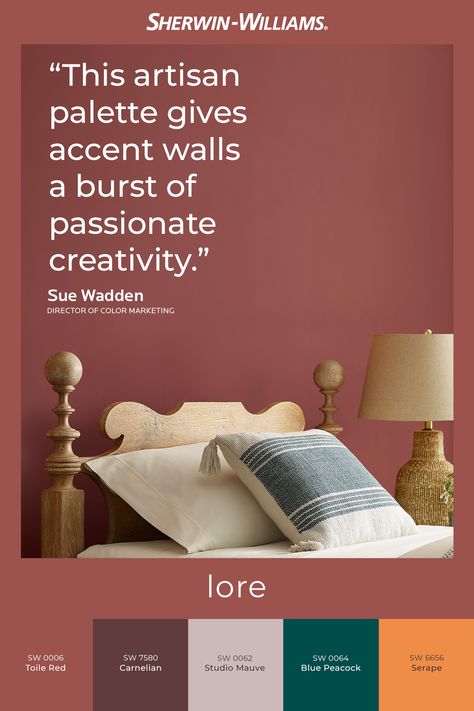 Searching for the perfect jewel-toned paint color for a bedroom accent wall? Our Director of Color Marketing recommends choosing a paint hue from the Lore palette, part of the Sherwin-Williams 2023 Colormix® Forecast. Tap this pin to see the full palette. #SWColormix #sherwinwilliams #color #inspiration #design #decor #interiordesign #diy #paint #painting #colortrends #trendingcolors Jewel Toned Accent Wall, Color Forecast 2023, Jewel Tone Paint Colors, Boho Paint Colors, Sherwin Williams Color Schemes, Boho Style Living, Bedroom Accent Wall, Architect Studio, Interior Paint Colors Schemes