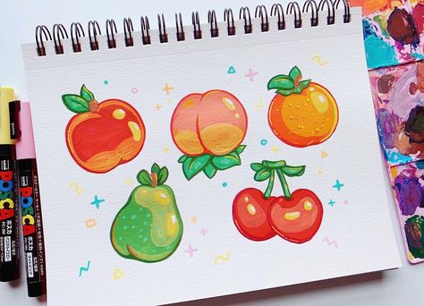 Brittnie on Instagram: “Which Animal Crossing fruit is your favorite? 🍎🍑🍊🍐🍒 • • • #gouache #gouachepainting #gouacheillustration #gouachepaint #art #artist #paint…” Animal Crossing Fruit, Gouache Studies, Himi Gouache, Fruit Doodle, Kawaii Doodle, Gouache Illustration, Chinese Drawings, Posca Pens, Posca Marker