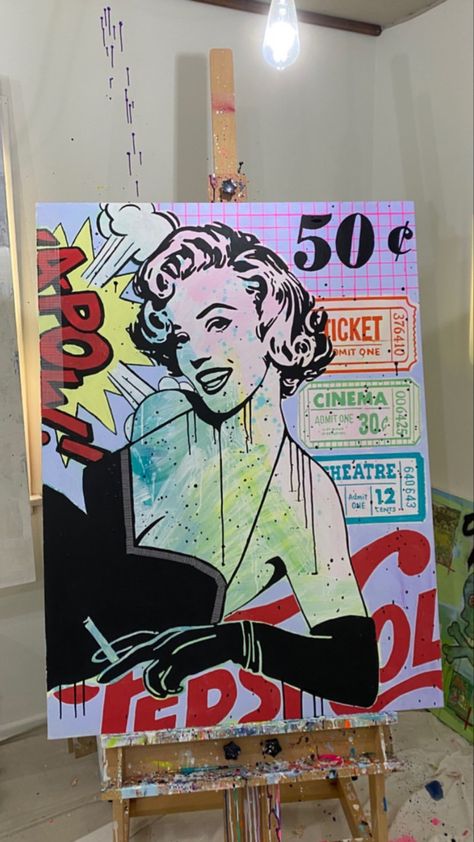 Graffiti Style Painting, Pop Art Canvas Painting Ideas, Comic Painting Pop Art, Pop Art Collage Painting, Pop Art Quotes, Pop Art Sketch, Build A Fence, Canvas Pop Art, Pop Art Marilyn