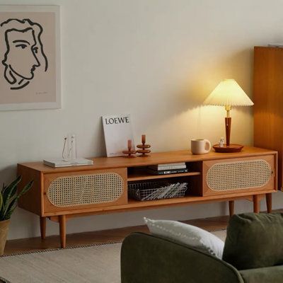 Retro with natural and simple, give light visual feeling at the same time full of literary sense | LORENZO TV Stand for TVs up to 65" in Brown | Wayfair Nordic Tv Stand, Sliding Door Tv Stand, Credenza Wood, Home Tv Stand, Wood Tv Cabinet, Wooden Tv Stands, Wood Tv, Storage Credenza, Tv Stand Wood