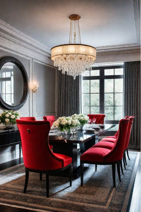 Dining room with mix of vintage and contemporary pieces Interior Home Styles, Timeless Dining Room, Dining Room Transformation, Red Interior Design, Interior Home Design Ideas, Dining Room Trends, Home Design Modern, Gold Dining Room, Red Dining Room