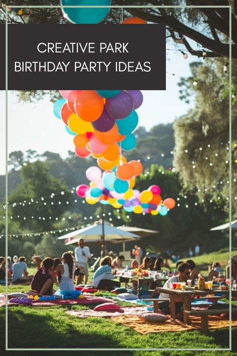 Explore enjoyable park birthday party ideas featuring creative themes, fun games, and outdoor setups to make your celebration memorable with one engaging image. Parties At The Park, Birthday Party Outside Ideas Summer, Outdoor Kid Party Ideas, Public Park Birthday Party, Outdoor Park Party Decorations, Backyard Toddler Birthday Party, Playground Birthday Party Ideas, Outdoor Park Birthday Party, Park Pavilion Decorations Birthday