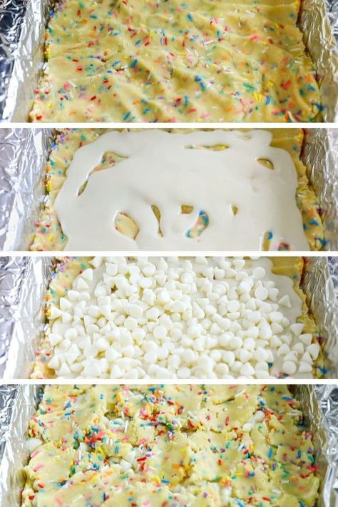 How to make funfetti gooey bars Funfetti Gooey Bars, Gooey Funfetti Bars, Funfetti Cake Mix Ideas, Dessert For Kids Party, Funfetti Cookie Bars, Gooey Bars Recipe, Funfetti Desserts, Funfetti Bars, Funfetti Cake Mix Recipes