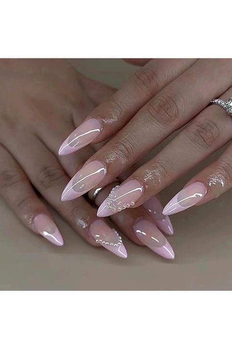 MERVF Almond Press on Nails Medium Fake Nails Pink French Tip Stiletto Glue on Nails with Pearls Design Acrylic Nails Press ons Artificial False Nails 24pcs Glossy Press On Nails Amazon, Nails Amazon, Fake Nails Long, Medium Almond, Nagel Tips, Pink French, Fake Nails With Glue, Pearl Nails, Nails Medium