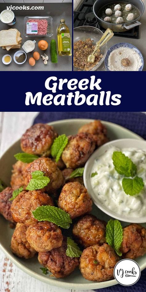 Traditional meatballs made from pork mince, toasted bread, onion, crushed garlic, egg and dried mint. Serve with homemade tzatziki and fresh herbs. Traditional Meatballs, Leftover Meatballs, Vj Cooks, Greek Meatballs, Sweet And Sour Meatballs, Homemade Tzatziki, Pork Meatballs, Meatball Ingredients, Toasted Bread