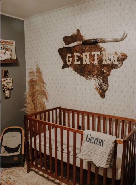 Cowhide On Wall Nursery, Black Furniture Nursery Western, Cowboy Hat Nursery, Country Western Nursery, Western Themed Room Ideas, Western Neutral Nursery, Rustic Boys Nursery, Gender Neutral Nursery Western, Country Boy Nursery Ideas