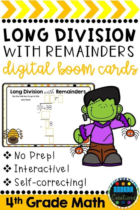 This interactive and digital resource is perfect for 4th grade math centers and activities!  Students will be guided through the steps of long division with 2-digit quotients and remainders. Students often struggle with where to put the numbers, and these Division With Remainders Worksheets, Long Division With Remainders, Division With Remainders, Teaching Multiplication, Math Graphic Organizers, Math Centers Middle School, Long Division, Upper Elementary Math, Fourth Grade Math