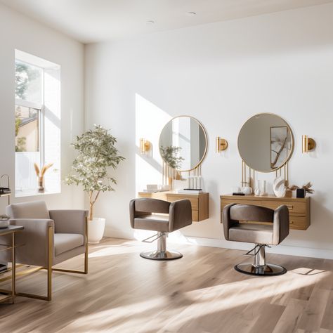 ✨ Salon vibes, radiating warmth. Salon Wall Colors, Esthetics Studio, Small Hair Salon, Salon Suite Decor, Hair Salon Chairs, Hair Salon Equipment, Small Salon, Salon Lighting, Salon Styling Chairs