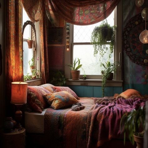 Witch core — My ko fi Bedroom With Window, Bohemian Eclectic Decor, 70s Bedroom, 70s Room, Eclectic Decor Bedroom, Bohemian Eclectic, Bohemian Bedroom, Dreamy Room, Room Inspiration Bedroom