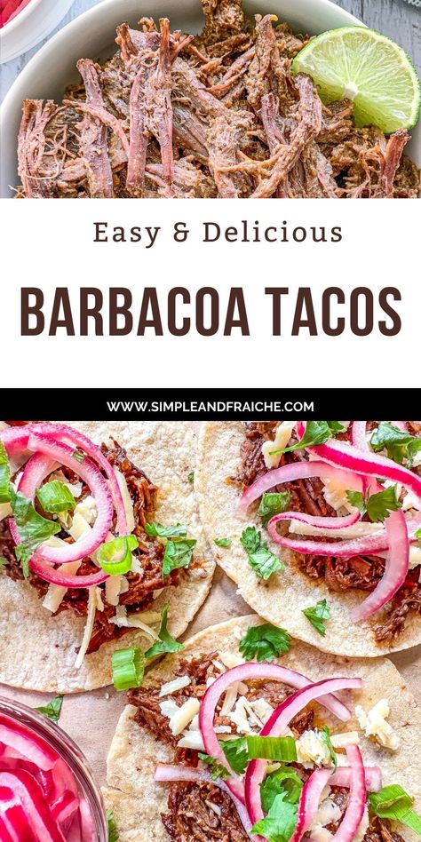 Tacos de Barbacoa layers tender, slow-cooked beef, tangy pickled red onions, and sharp white cheddar cheese on top of a soft corn tortilla. These tacos are packed with flavor and incredibly easy to make. They are a crowd-pleaser, and perfect for your next taco night. Barbacoa Tacos, Mango Habanero Salsa, Gluten Free Enchiladas, Beef Barbacoa, Barbacoa Recipe, Gluten Free Dinner Easy, Barbacoa Beef, Slow Cooked Meat, Beef Cheeks