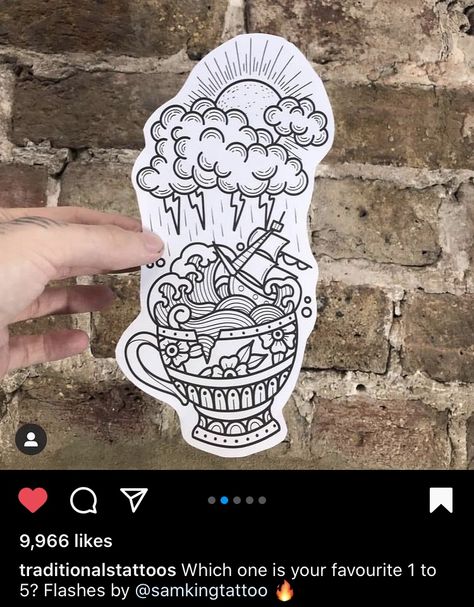 Traditional Tattoo Outline, Traditional Tattoo Stencils, Sam King, Teacup Tattoo, Storm Tattoo, Storm In A Teacup, Cup Tattoo, Traditional Tattoo Sleeve, Doodle Tattoo