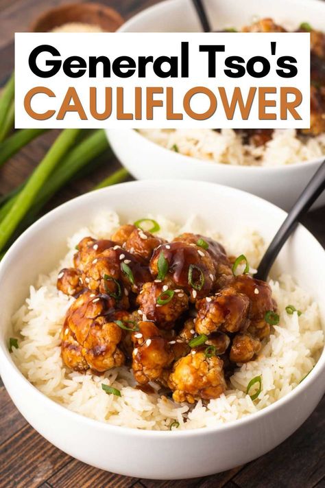 A classic dish found in American Chinese restaurants has turned vegan! With a homemade sauce made from soy sauce, rice vinegar, and garlic, Vegan General Tso's Cauliflower is a flavorful and delicious dish that's easy to make. For this delicious, quick and easy vegan recipe the cauliflower is baked until crispy and the sauce is irresistible! Korean Cauliflower Recipes, Asian Cauliflower, General Tso's Cauliflower, Baked Cauliflower Recipe, Soy Sauce Rice, Sesame Tofu, Easy Vegan Recipes, Quick Vegan, Quick Vegan Meals