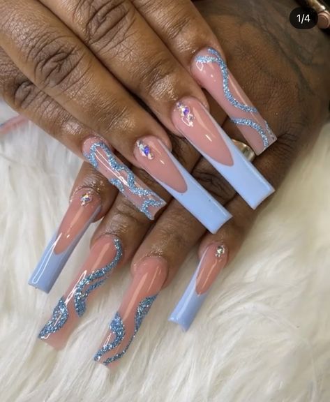 Navy Blue Nails Long, Blue Acyrilics Nails, Long Nail Designs Blue, Icy Blue Nails Acrylic, Powder Blue Nails Designs, Baby Blue Prom Nails, Carolina Blue Nails, Blue Nail Sets, Light Blue Prom Nails