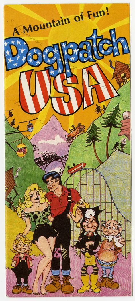 Dogpatch USA pamphlet from the Arkansas History Commission Collection, VFHC2022-VFHC2023. Dogpatch Usa, River Houses, Scenery Inspiration, Arkansas History, Vintage Arkansas, Li'l Abner, George Of The Jungle, Park Project, Dog Patch