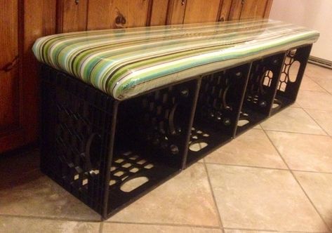 Crate Bench Diy, Milk Crate Chairs, Milk Crate Bench, Crate Storage Bench, Milk Crates Diy, Milk Crate Furniture, Milk Crate Storage, Plastic Milk Crates, Crate Nightstand