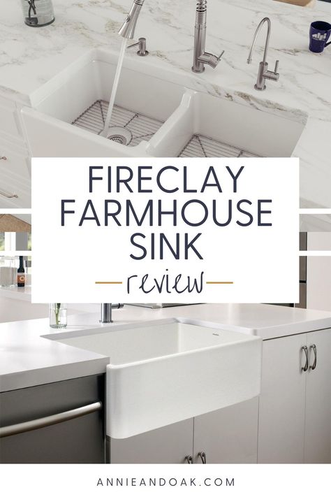 Learn everything you need to know about Fireclay Farmhouse Sinks in this review by https://anniandoak.com. Find out the Pros, Cons & Our Expert Opinion on these popular kitchen sinks. A fireclay farmhouse sink is made with incredibly durable fireclay material and is produced by subjecting the fireclay to extremely high temperatures to create the perfect ceramic sink. Visit us at https://anniandoak.com for the great advice on your farmhouse sinks and kitchens. Quartz Farmhouse Sink, Front Apron Kitchen Sink, Best Apron Front Sink, Farmhouse Sink Fireclay, 33 Inch Farmhouse Sink, White Fireclay Farmhouse Sink, White Kitchen Cabinets With Farmhouse Sink, Apron Farmhouse Kitchen Sink, Apron Front Sink Cabinet