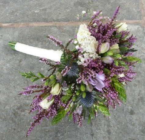 Beautiful Brides Bouquet created with Spray Roses, Freesia, Eryngium, Gypsophilia, Chincherinchee and Heather. Thistle Bouquet Wedding, Thistle Bouquet, Scottish Flowers, Thistle Wedding, Heather Flower, Floristry Design, Flower Wedding Bouquet, Violet Wedding, Scottish Wedding