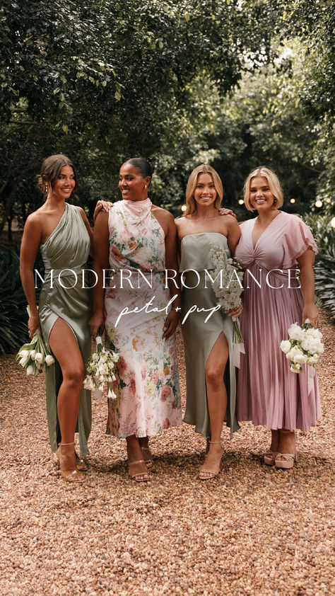 Add an unexpected twist to your bridal party by mixing different styles in a cohesive color palette.  From timeless slip dresses to modern silhouettes, there is a perfect match for everyone in your bridal party creating an unforgettable ensemble. Bridal Party Outfits, Modern Bridesmaids, Modern Bridesmaid, Bridal Party Attire, Bridal Party Outfit, Stunning Bridesmaid Dresses, Petal And Pup, Affordable Bridesmaid Dresses, Guest Attire