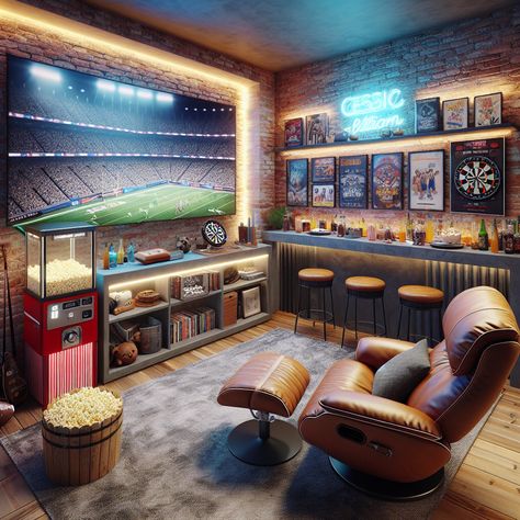 Immerse in this cozy man cave with a brick wall-mounted TV, a comfy leather recliner, and an inviting mini bar. Enjoy games of billiards, darts, or delve into a vast collection of movies, games, books, and vintage sports items. #mancave #homedecor #entertainmentroom #gameroom #vintagecollection #sportsmemorabilia Sports Bar In House, Garage To Game Room, Small Room Man Cave, Vintage Sports Basement, Man Cave And Office Combo, Comfy Game Room, Man Cave Sports Room, Cozy Man Cave, Man Cave Ideas Room Small