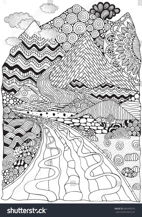 Long Road Mountains Zentangle Landscape Anti Stock Illustration 684345676 Zen Tangle Landscape, Zentangle Mountains, Mountain Zentangle, Zentangle Landscape, Zantangle Art, Doodle Style, Landscape Designs, Zentangle Drawings, White Illustration