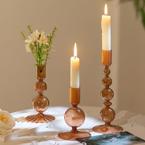 PRICES MAY VARY. Stylish Elegant Decoration: These candle holders for candlesticks feature a oblate spherical shape with elegant strips, adding a touch of delicate to any space. The multi-color allows you to blend with variety of candle colors, making them suitable for any season or decor style. Assorted Candleholder Set: This set features 3 vintage candlestick holders in varying shapes and sizes: measuring 4.72"/12 cm, 5.9"/15 cm, and 8.07"/20.5 cm in height. The candle sockets are 0.87"/2.2 cm Candle Taper Holder, Candlestick Mantle Decor, Candlestick Centerpiece Dining Room, Tall Candle Holders Decor, Candle Stick Decor Ideas, Candle Holders Decor Ideas, Thanksgiving Dining Table Decor, Candle Stick Holders Decor, Destiny Wedding